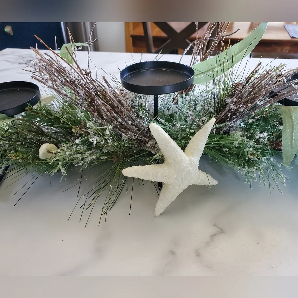 Frosted Pine Triple Candle Holder with Starfish & Sea Shells